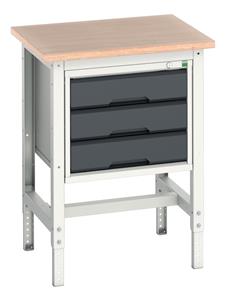 verso adj. height workstand with 3 drawer cabinet & multiplex top. WxDxH: 700x600x780-930mm. RAL 7035/5010 or selected Verso Height Adjustable Work Storage and Packing Benches